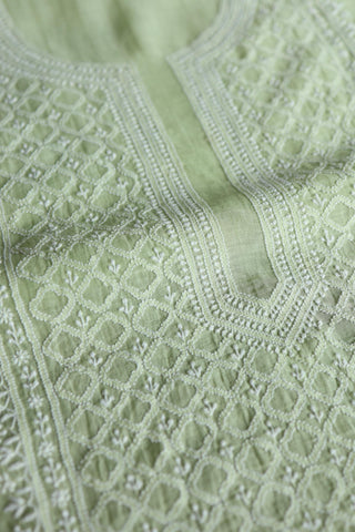 Olive Green Shade Mal Cotton Fine Chikankari Unstitched Fabric