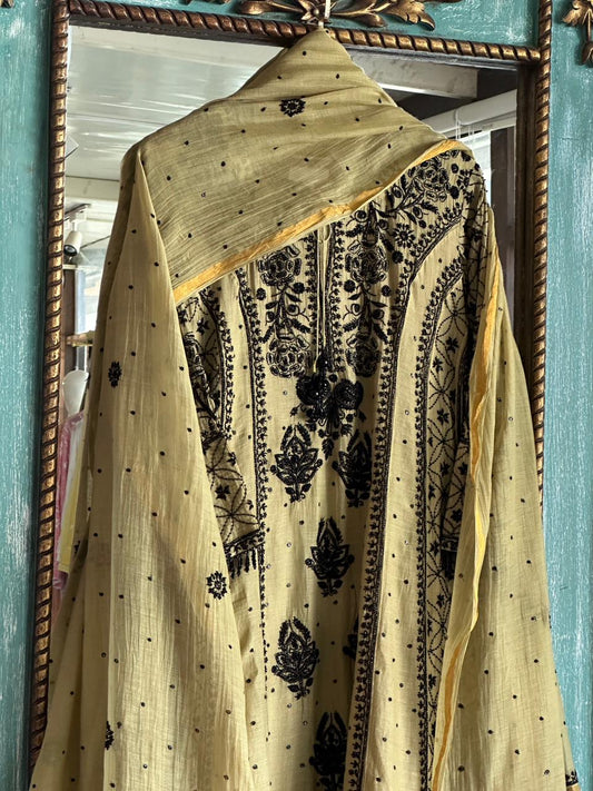 Olive Green Malmal Pearl Work Chikankari A Line Kalidar Kurta With Dupatta