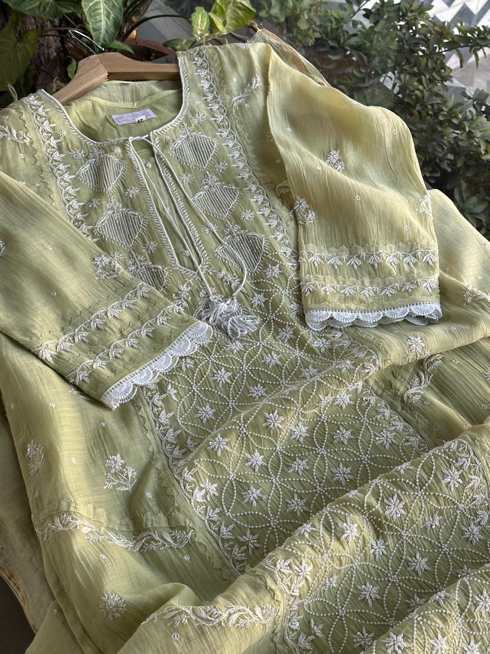 Olive Green Malmal Pearl Work Chikankari Kurta With Dupatta