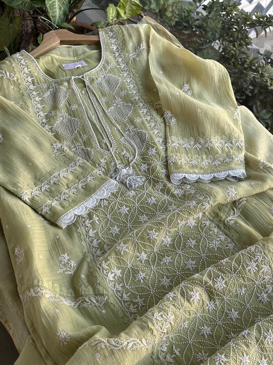 Olive Green Malmal Pearl Work Chikankari Kurta With Dupatta