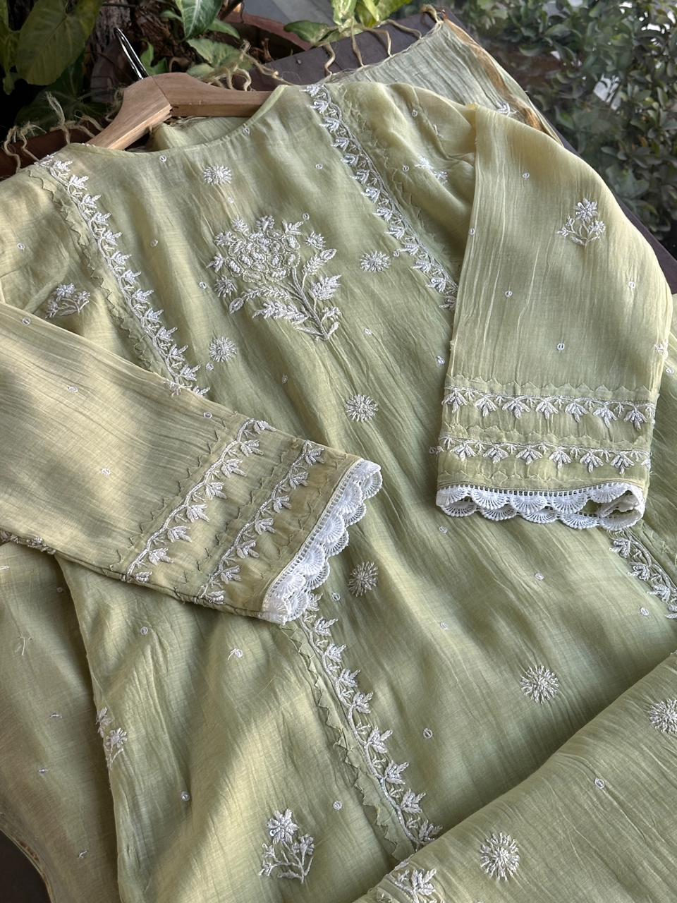 Olive Green Malmal Pearl Work Chikankari Kurta With Dupatta
