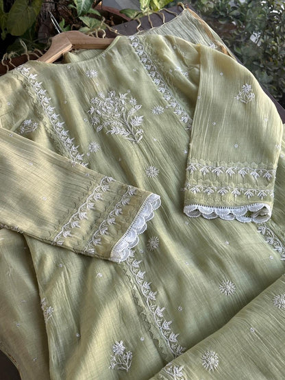 Olive Green Malmal Pearl Work Chikankari Kurta With Dupatta
