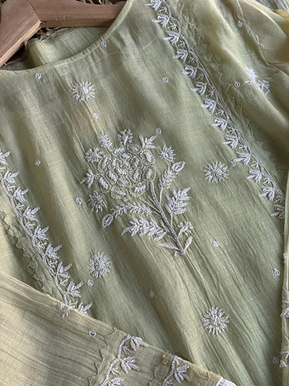 Olive Green Malmal Pearl Work Chikankari Kurta With Dupatta