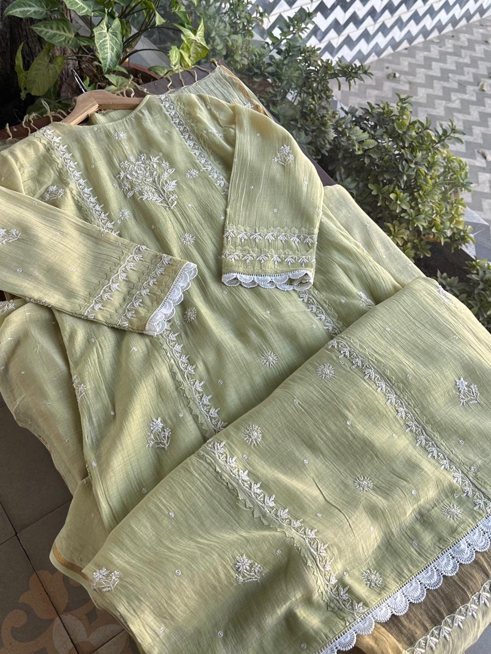 Olive Green Malmal Pearl Work Chikankari Kurta With Dupatta