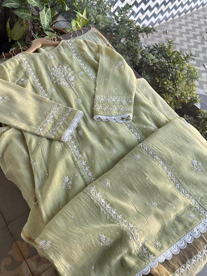 Olive Green Malmal Pearl Work Chikankari Kurta With Dupatta