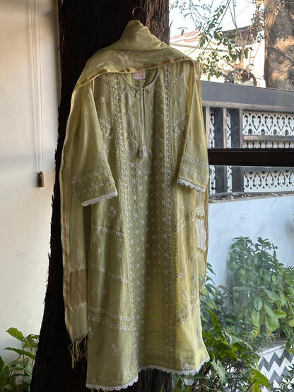 Olive Green Malmal Pearl Work Chikankari Kurta With Dupatta