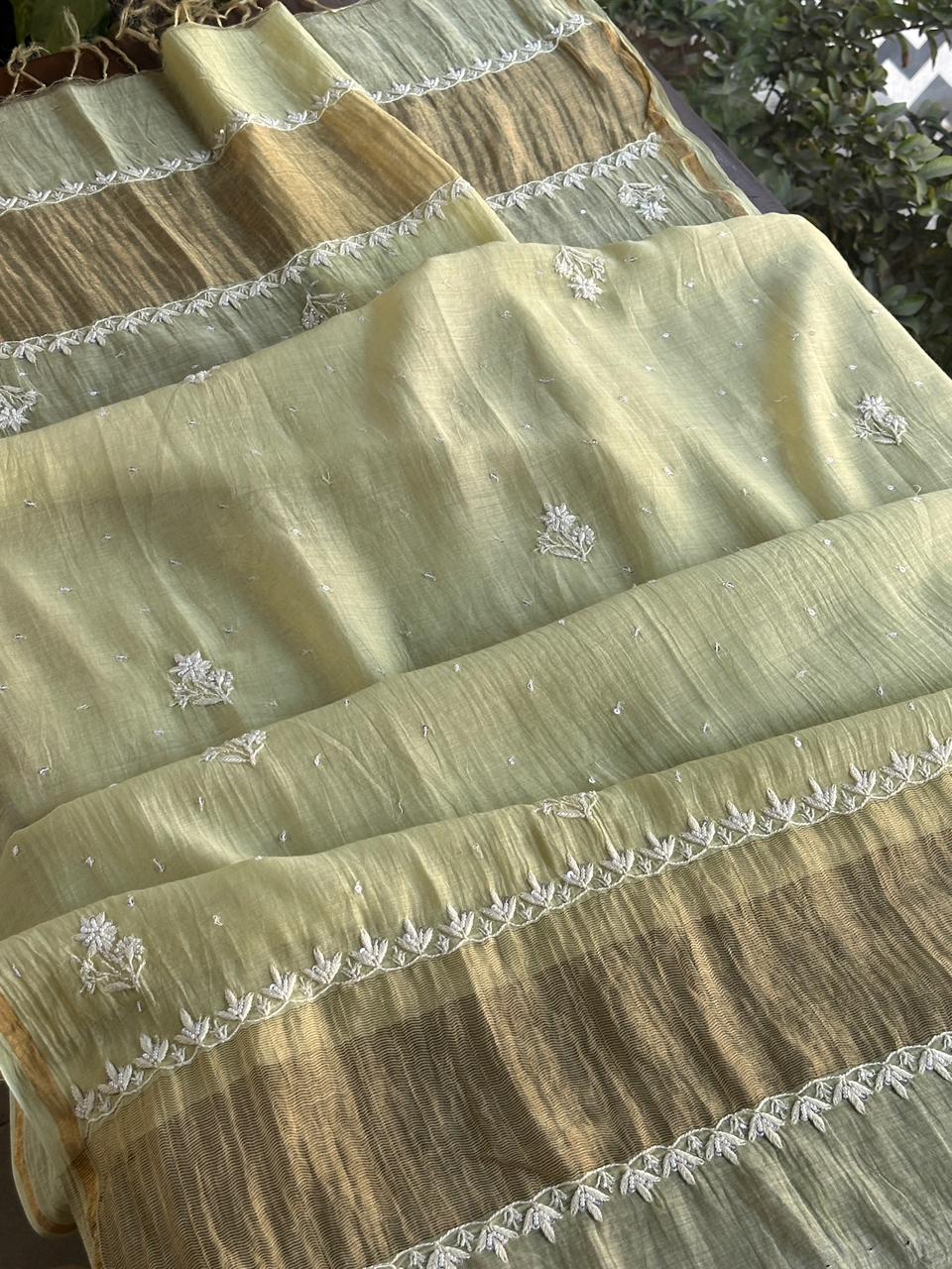 Olive Green Malmal Pearl Work Chikankari Kurta With Dupatta