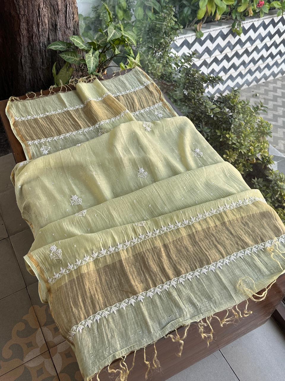 Olive Green Malmal Pearl Work Chikankari Kurta With Dupatta