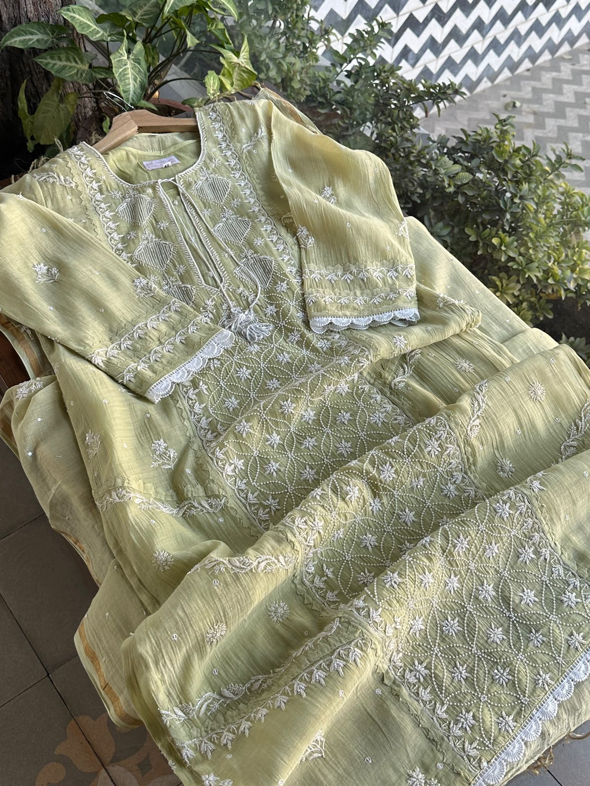 Olive Green Malmal Pearl Work Chikankari Kurta With Dupatta