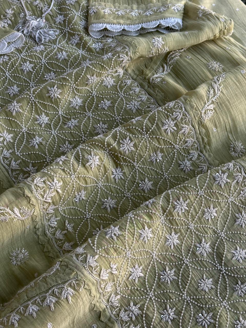 Olive Green Malmal Pearl Work Chikankari Kurta With Dupatta