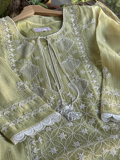Olive Green Malmal Pearl Work Chikankari Kurta With Dupatta