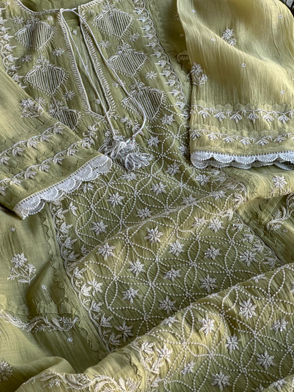 Olive Green Malmal Pearl Work Chikankari Kurta With Dupatta
