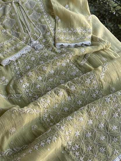 Olive Green Malmal Pearl Work Chikankari Kurta With Dupatta