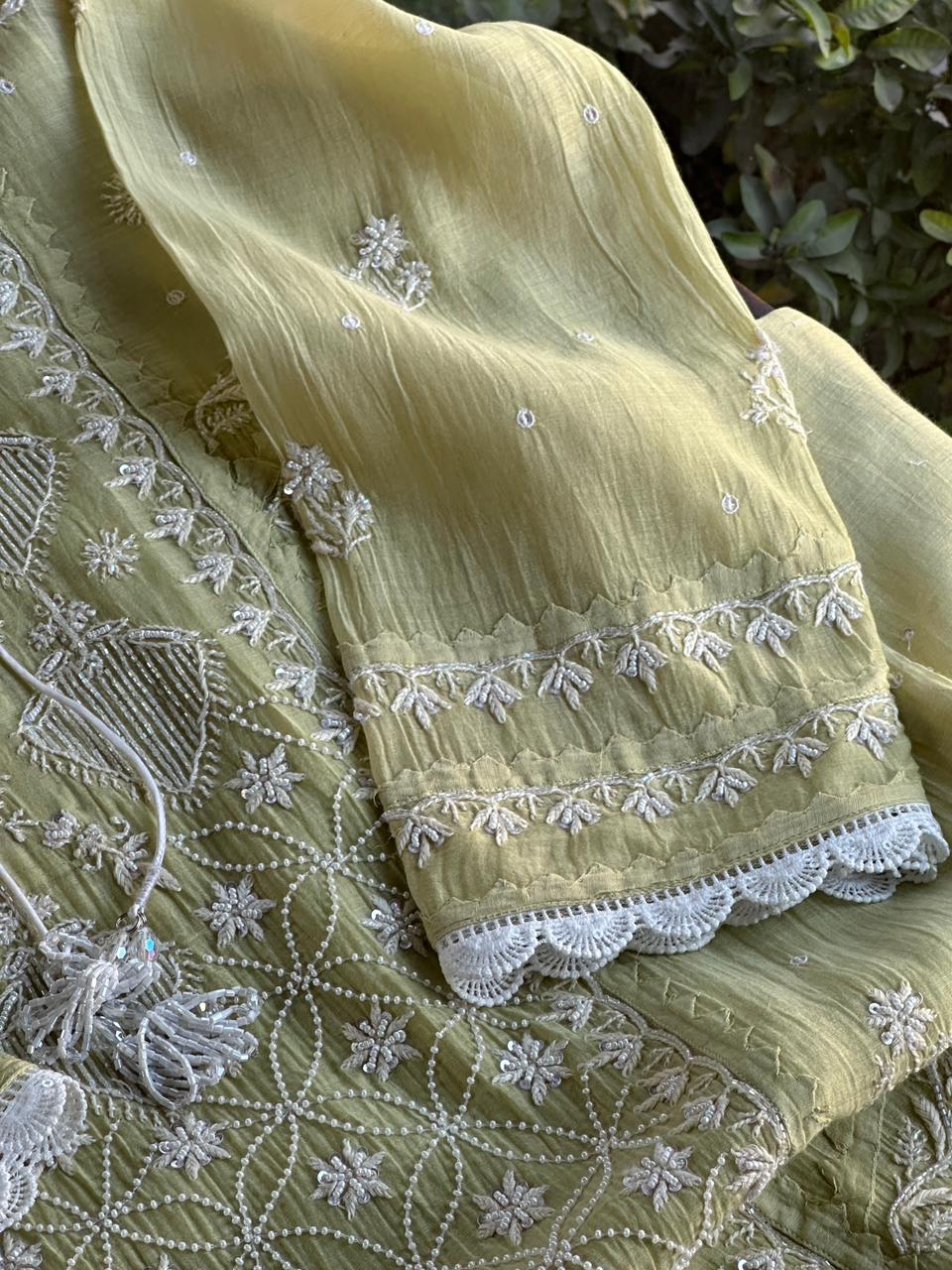 Olive Green Malmal Pearl Work Chikankari Kurta With Dupatta