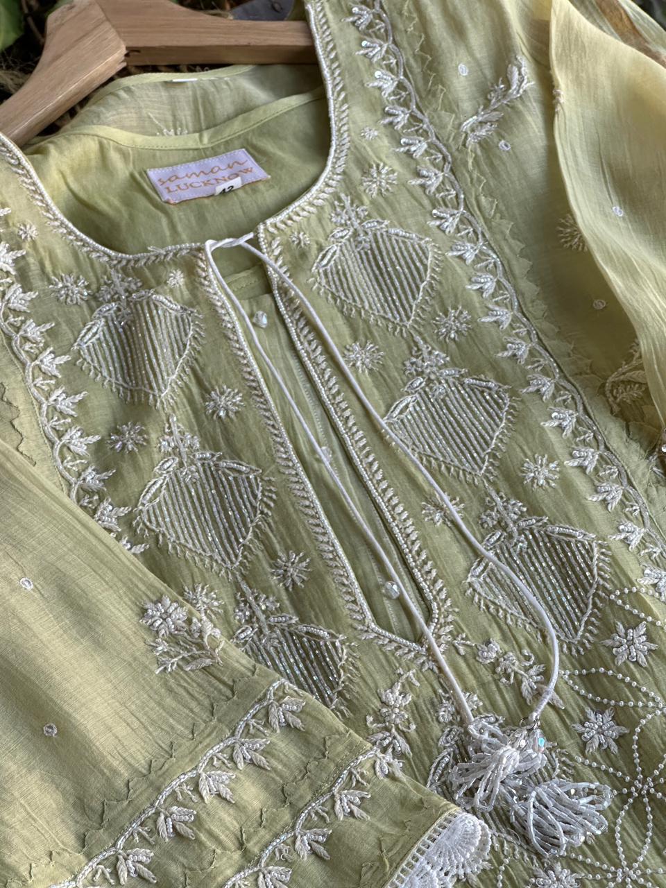Olive Green Malmal Pearl Work Chikankari Kurta With Dupatta