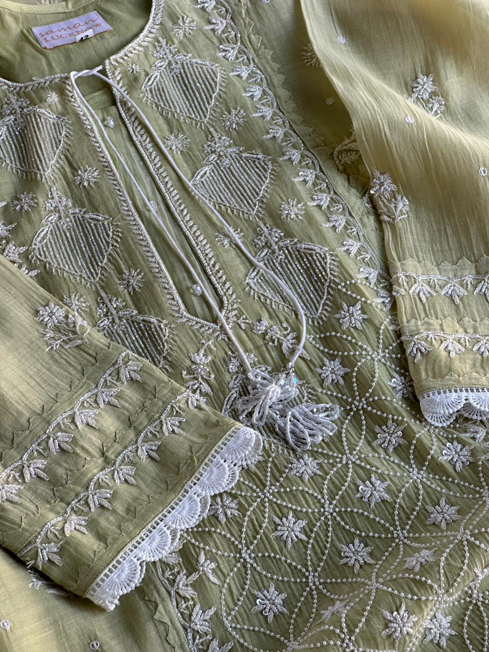 Olive Green Malmal Pearl Work Chikankari Kurta With Dupatta