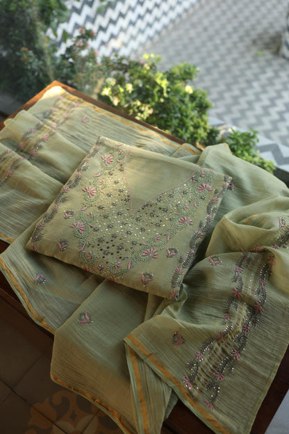 Olive Green Mul Chanderi Silk Kalamkari Unstitched Kurta Dupatta Set