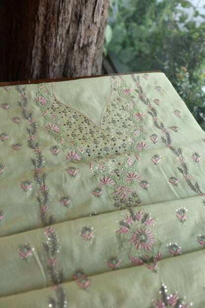 Olive Green Mul Chanderi Silk Kalamkari Unstitched Kurta Dupatta Set
