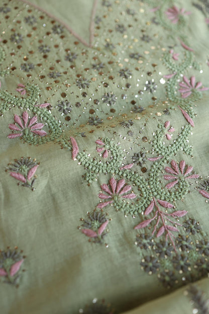 Olive Green Mul Chanderi Silk Kalamkari Unstitched Kurta Dupatta Set