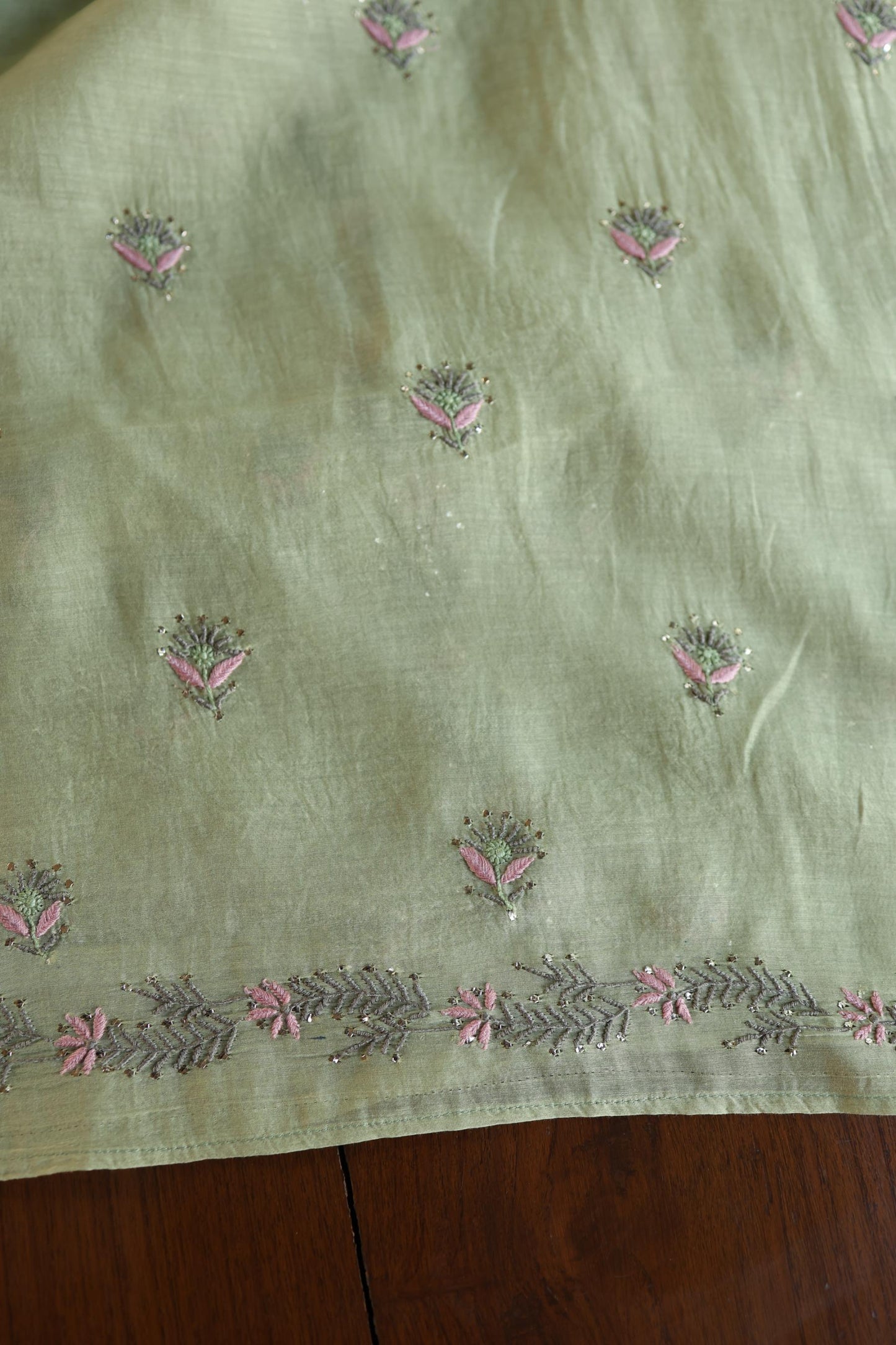 Olive Green Mul Chanderi Silk Kalamkari Unstitched Kurta Dupatta Set