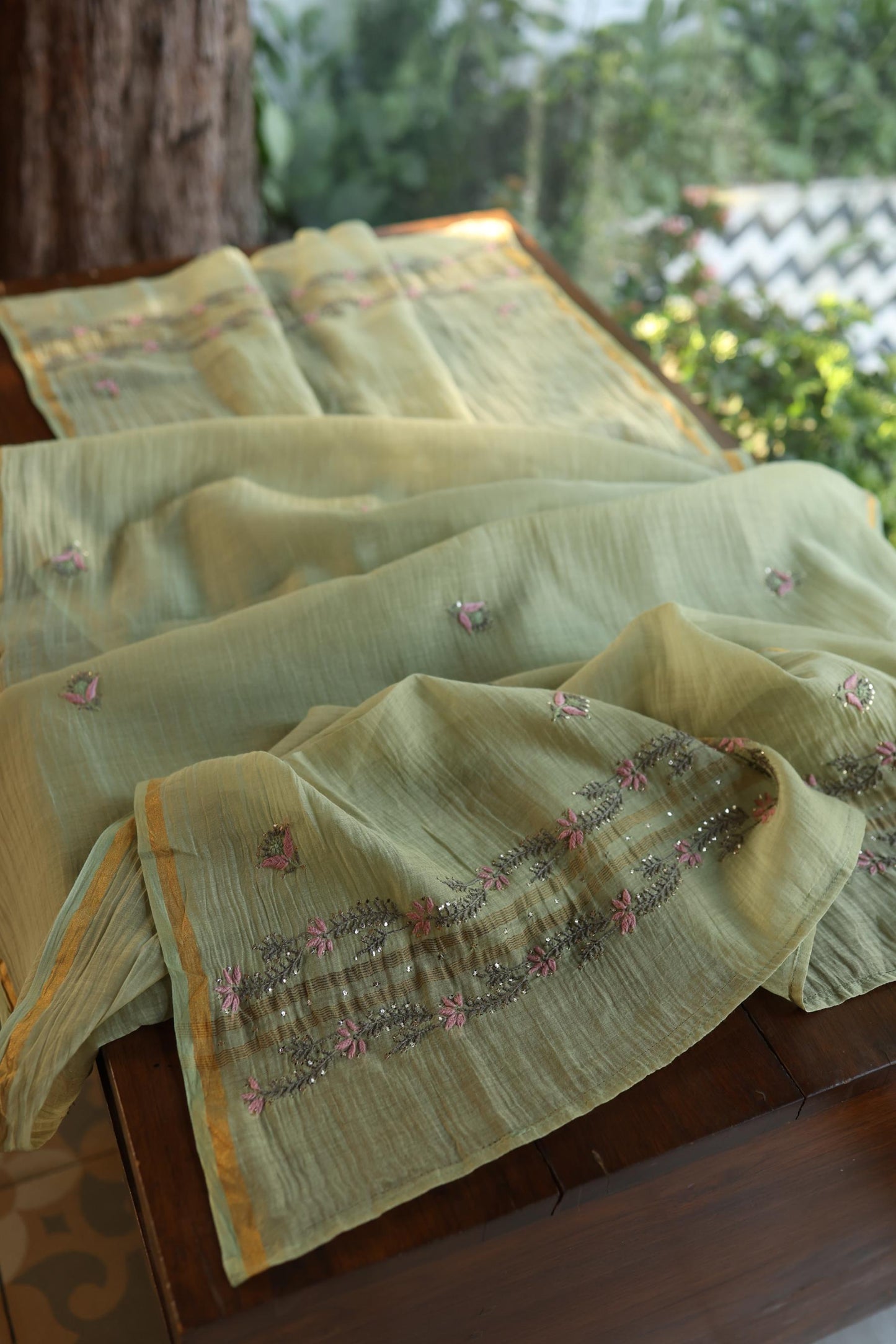 Olive Green Mul Chanderi Silk Kalamkari Unstitched Kurta Dupatta Set