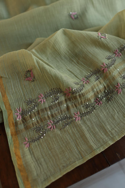 Olive Green Mul Chanderi Silk Kalamkari Unstitched Kurta Dupatta Set
