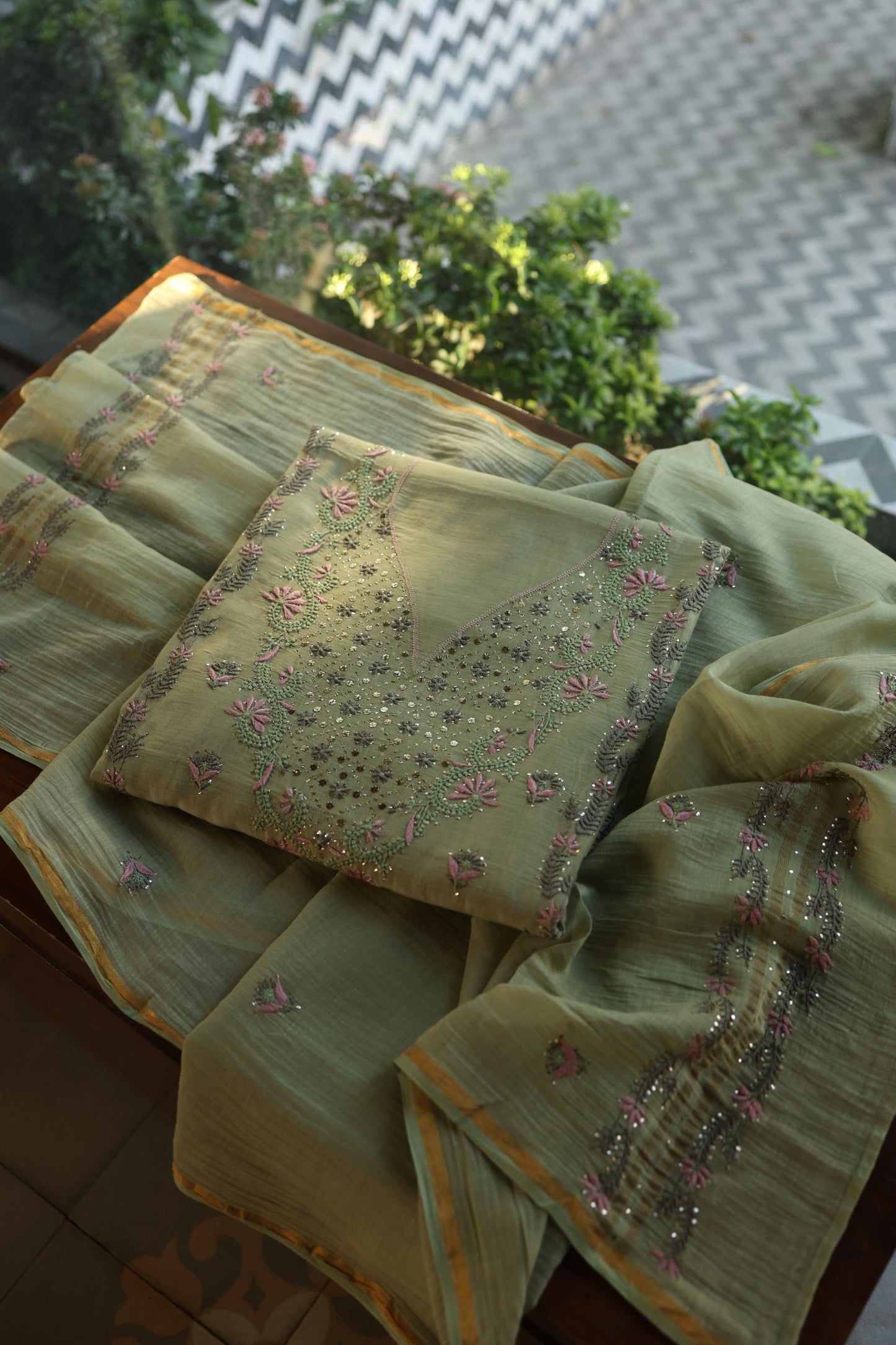 Olive Green Mul Chanderi Silk Kalamkari Unstitched Kurta Dupatta Set