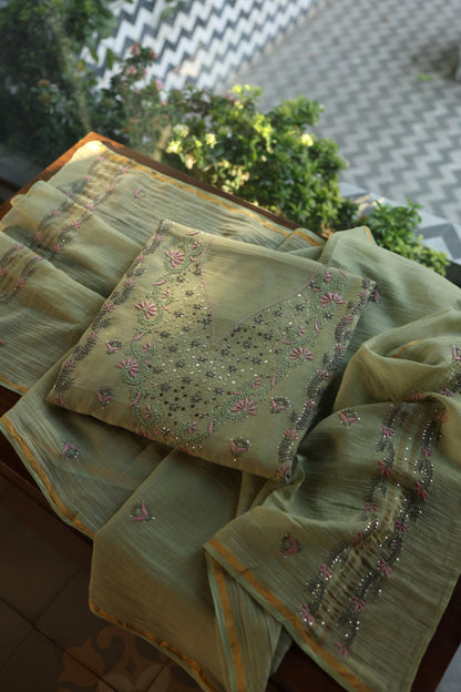 Olive Green Mul Chanderi Silk Kalamkari Unstitched Kurta Dupatta Set