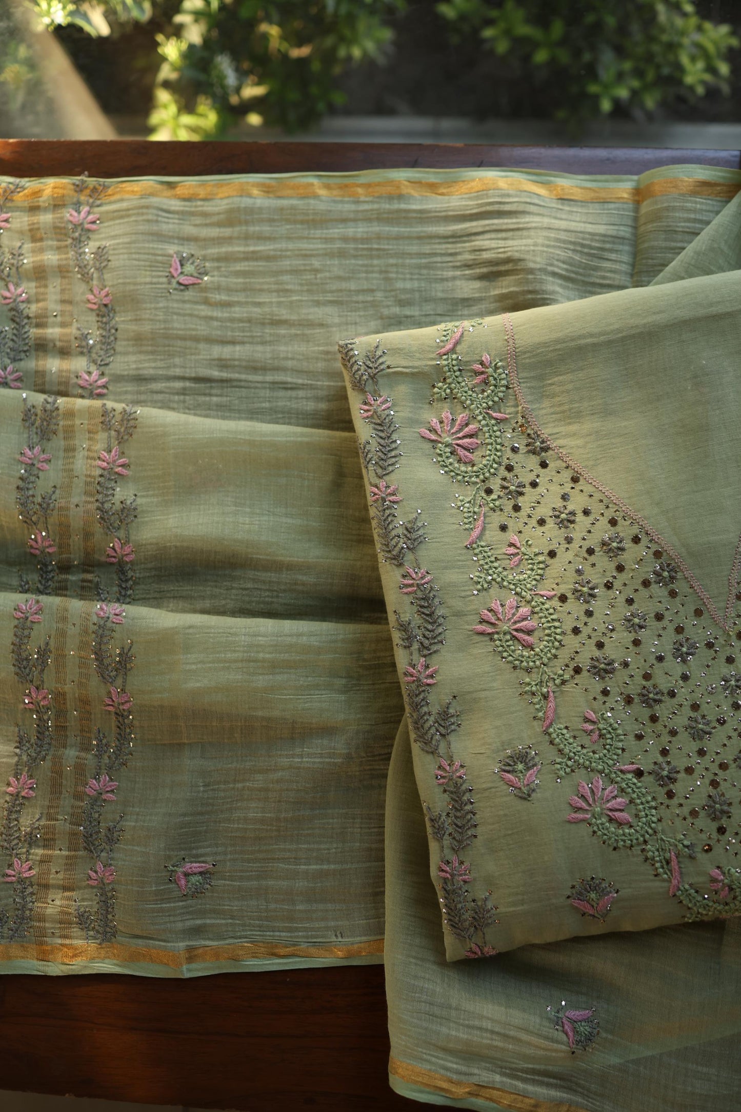 Olive Green Mul Chanderi Silk Kalamkari Unstitched Kurta Dupatta Set