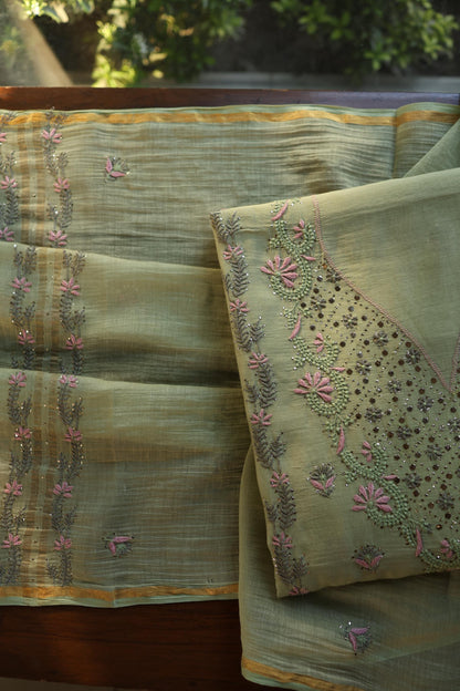 Olive Green Mul Chanderi Silk Kalamkari Unstitched Kurta Dupatta Set