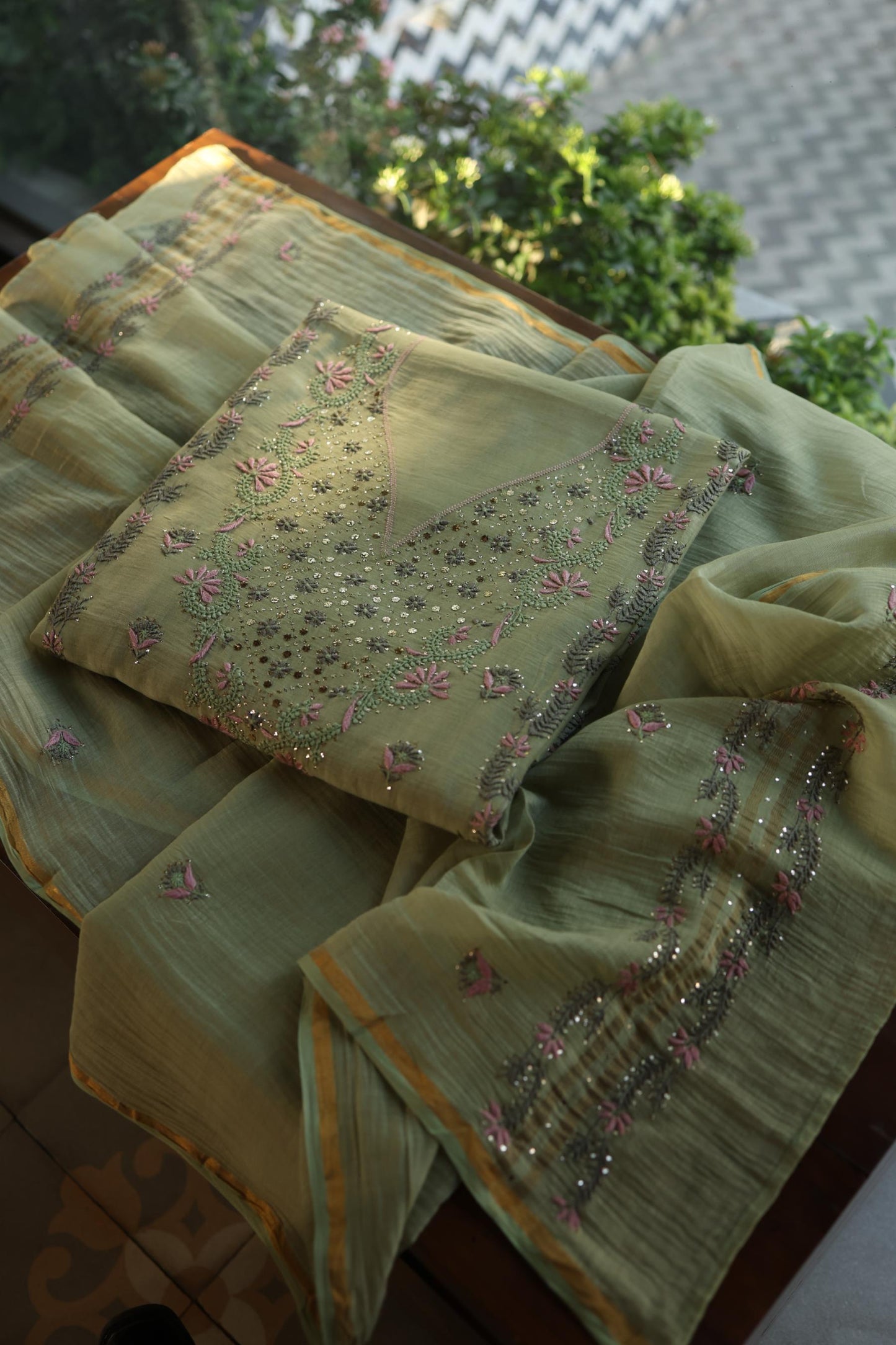 Olive Green Mul Chanderi Silk Kalamkari Unstitched Kurta Dupatta Set