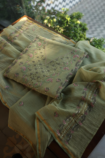 Olive Green Mul Chanderi Silk Kalamkari Unstitched Kurta Dupatta Set