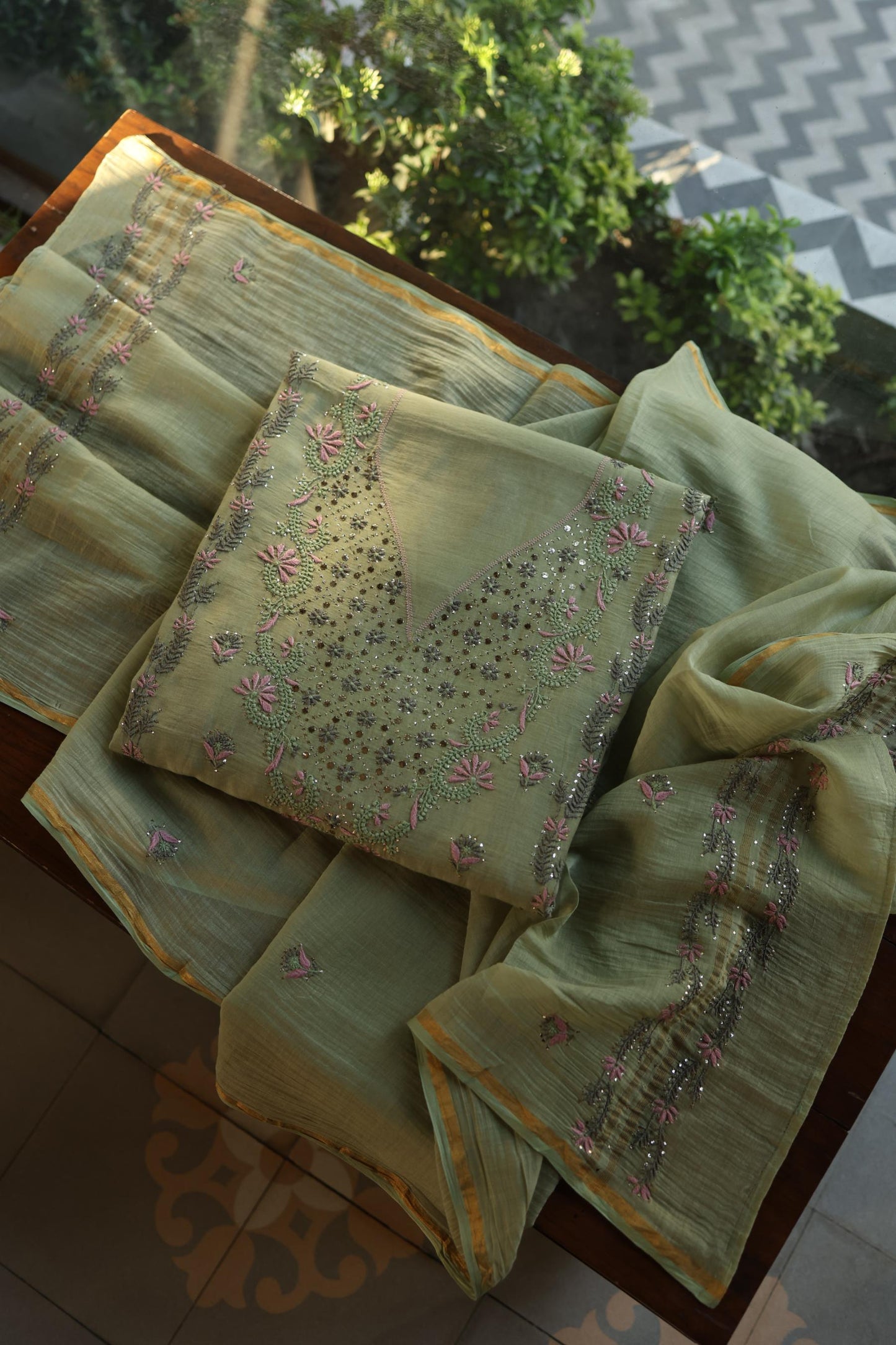 Olive Green Mul Chanderi Silk Kalamkari Unstitched Kurta Dupatta Set