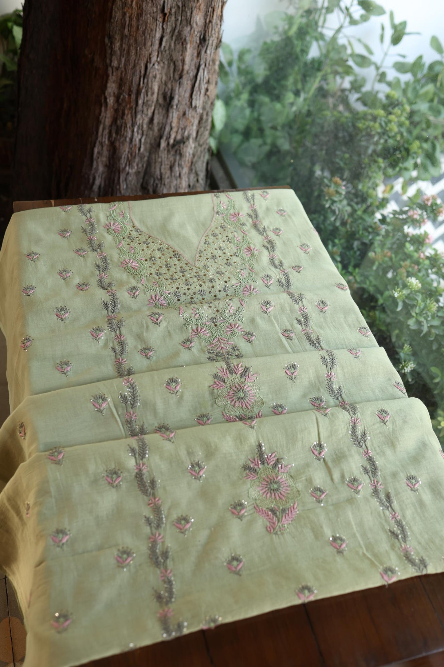 Olive Green Mul Chanderi Silk Kalamkari Unstitched Kurta Dupatta Set