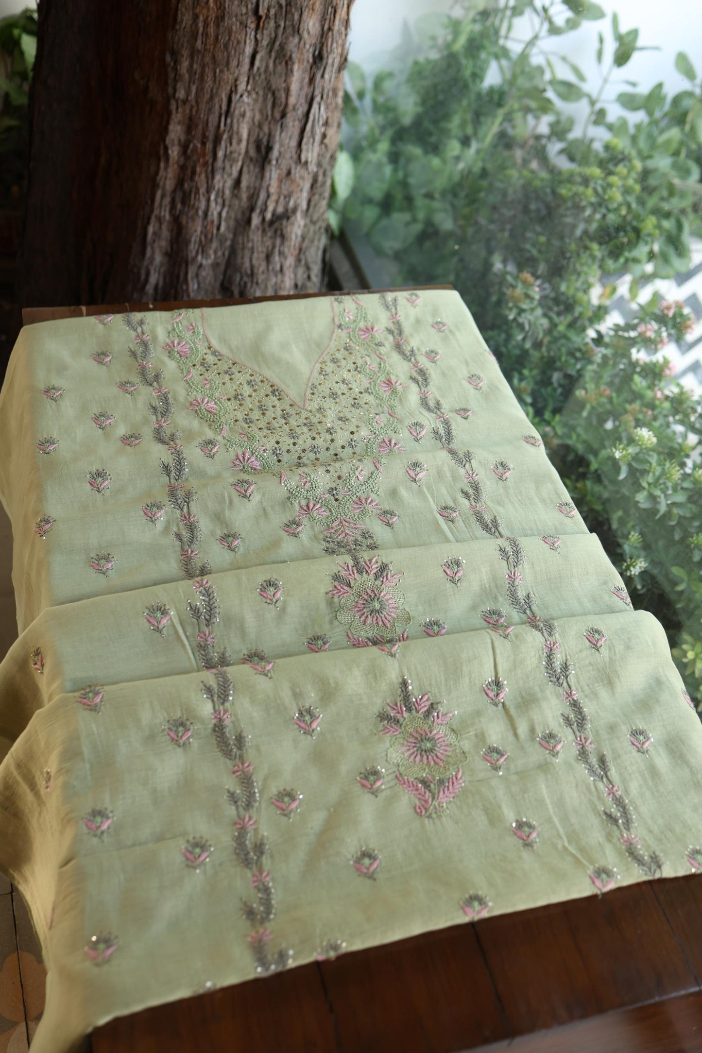 Olive Green Mul Chanderi Silk Kalamkari Unstitched Kurta Dupatta Set