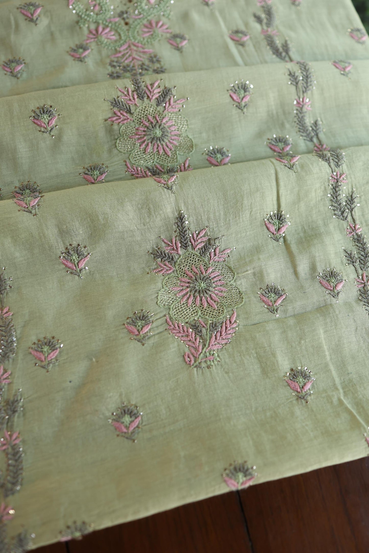 Olive Green Mul Chanderi Silk Kalamkari Unstitched Kurta Dupatta Set