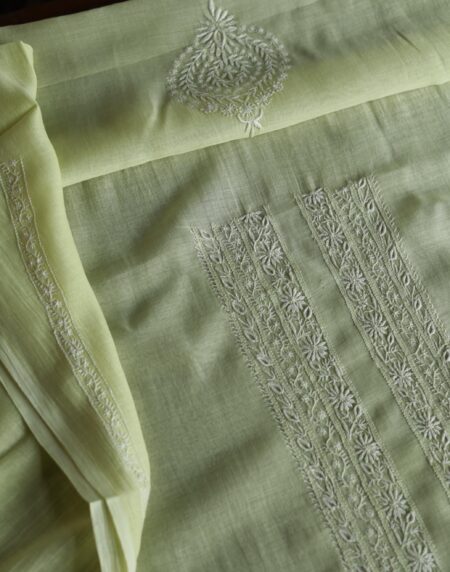 Olive Green Mulmul Chikankari Unstitched Men's Kurtas Fabric