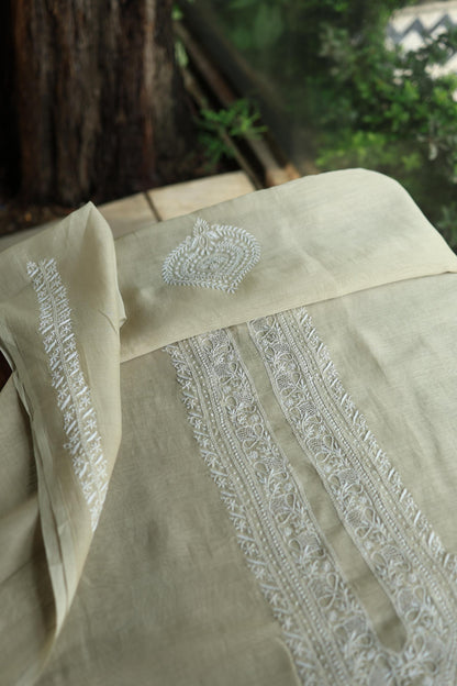 Olive Green Mulmul Chikankari Unstitched Men's Kurtas Fabric
