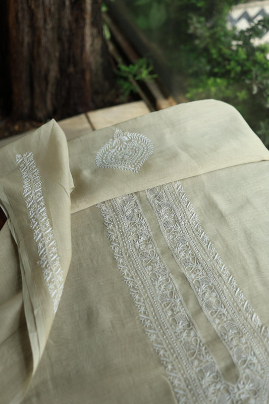 Olive Green Mulmul Chikankari Unstitched Men's Kurtas Fabric