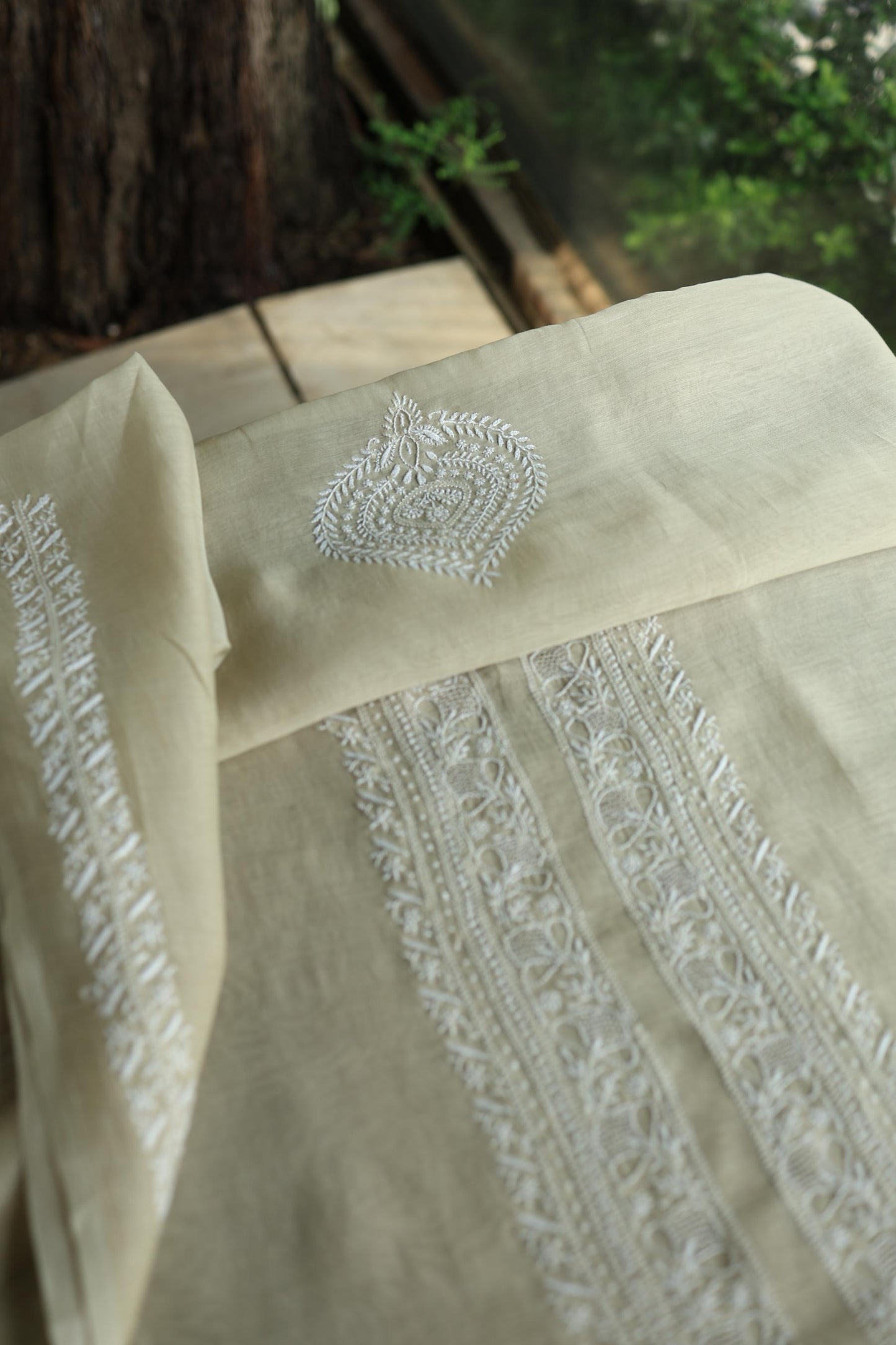 Olive Green Mulmul Chikankari Unstitched Men's Kurtas Fabric