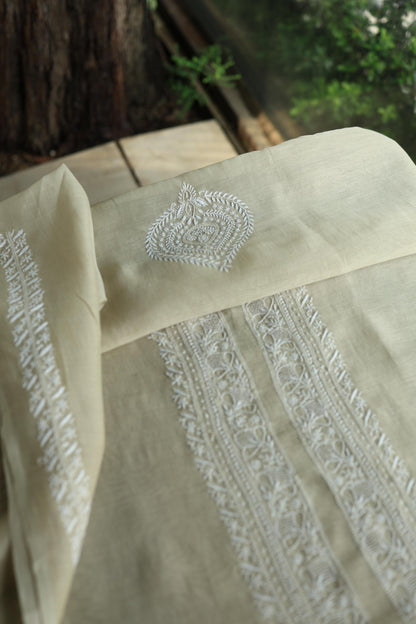 Olive Green Mulmul Chikankari Unstitched Men's Kurtas Fabric