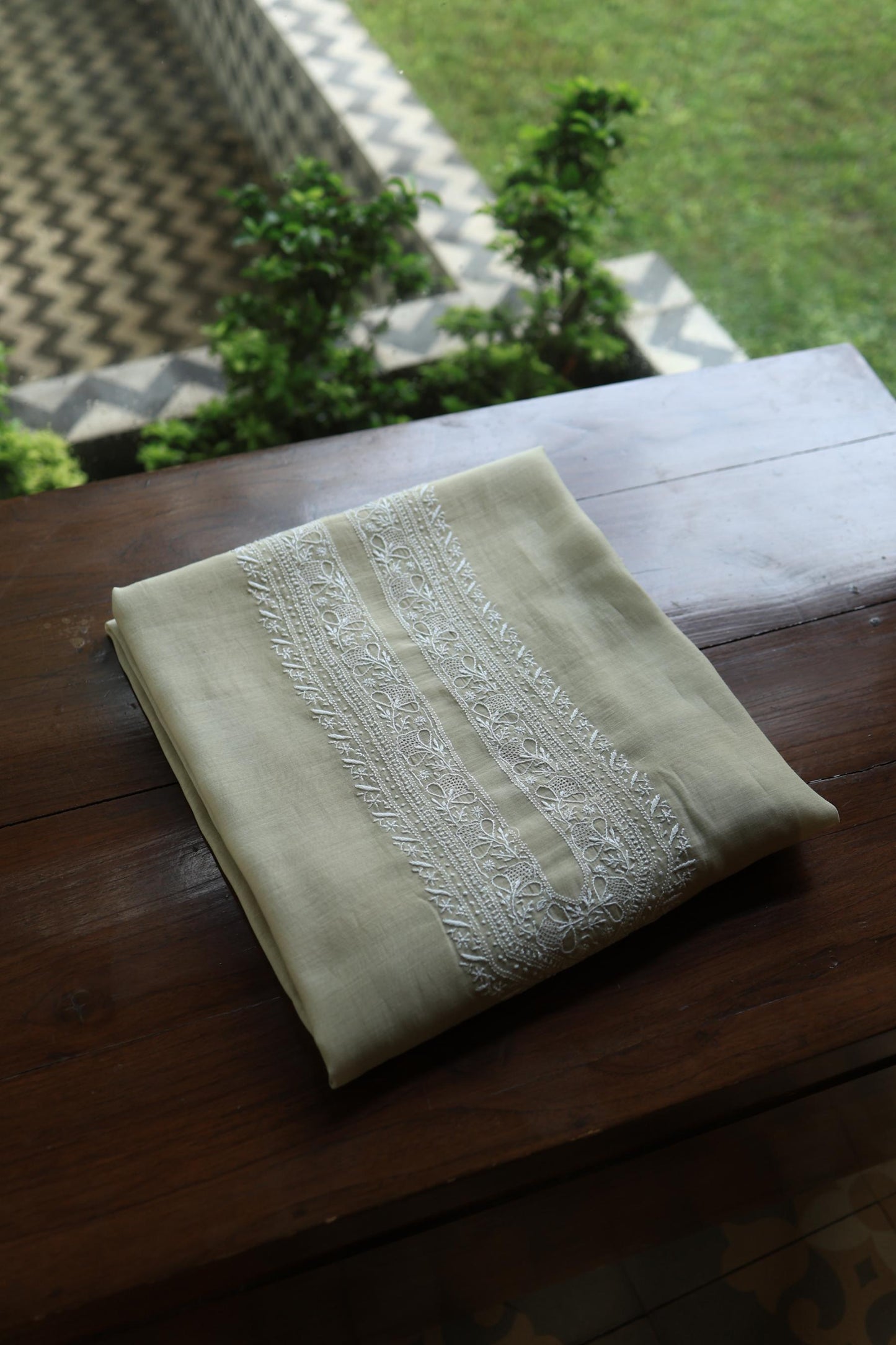 Olive Green Mulmul Chikankari Unstitched Men's Kurtas Fabric