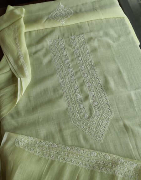 Olive Green Mulmul Chikankari Unstitched Men's Kurtas Fabric
