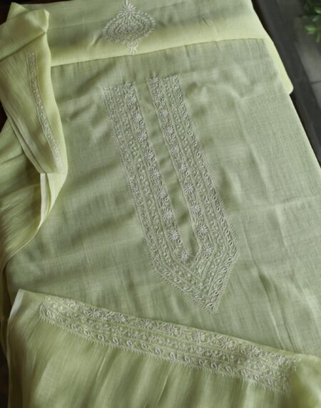 Olive Green Mulmul Chikankari Unstitched Men's Kurtas Fabric