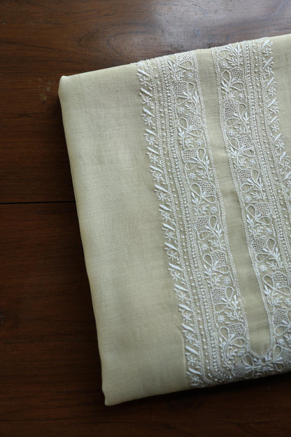 Olive Green Mulmul Chikankari Unstitched Men's Kurtas Fabric