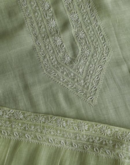 Olive Green Mulmul Chikankari Unstitched Men's Kurtas Fabric