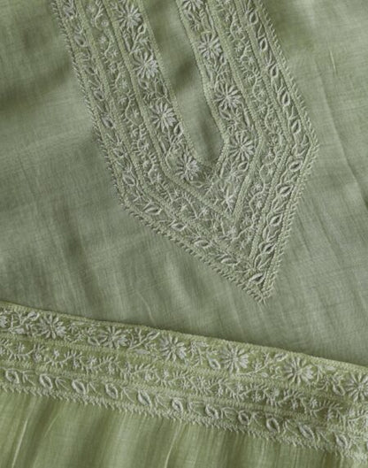Olive Green Mulmul Chikankari Unstitched Men's Kurtas Fabric