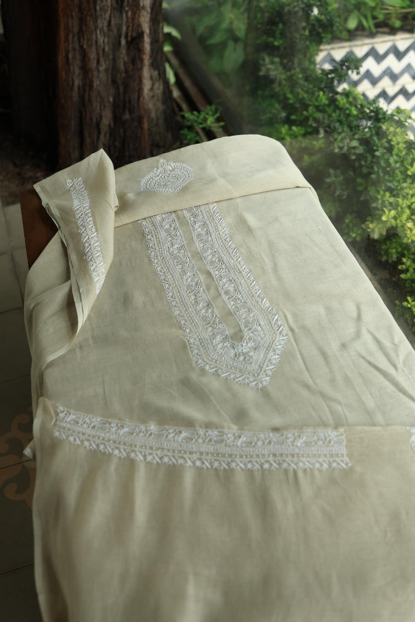 Olive Green Mulmul Chikankari Unstitched Men's Kurtas Fabric