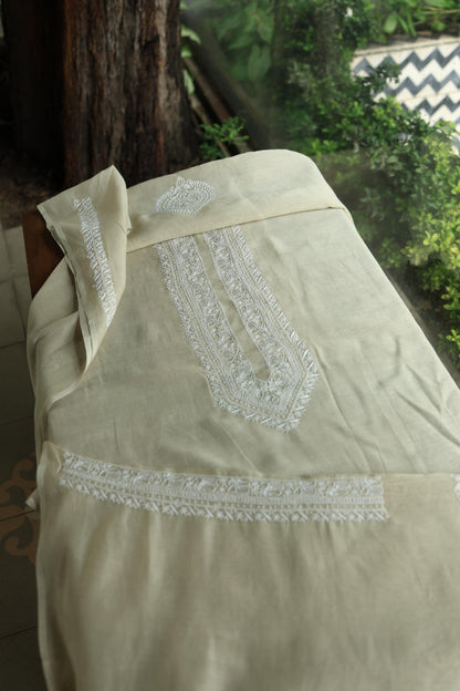 Olive Green Mulmul Chikankari Unstitched Men's Kurtas Fabric
