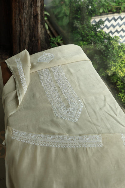 Olive Green Mulmul Chikankari Unstitched Men's Kurtas Fabric